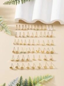 30 Pairs Fashionable Unique Sweet Minimalist Heart Rhinestone Faux Pearl Flower Butterfly Frosted Geometric Pattern Women's Earrings Set, Holiday Gift, Suitable For Daily Wear - Gold - View 3
