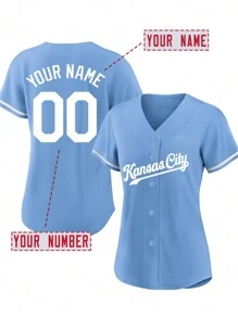Maglietta da baseball personalizzabile con nome e numero, ricamata, scollo a V, in stile Kansas City, blu, con bottoni, maniche corte, personalizzata, per feste, allenamenti, competizioni sportive, taglie dalla S alla XXL, fai da te