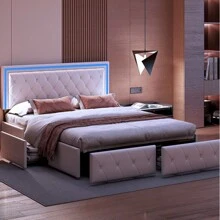 Modern Faux Leather Bed With Drawers, Stylish Faux Leather Double Bed Frame With Storage Space, 140/160 X 200 Cm, White/Grey, Without Mattress - 白色 - 查看 2