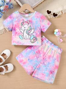 2 件夏季年轻女孩独角兽印花休闲圆领短袖上衣和扎染时尚短裤套装 - 粉色 - 查看 3