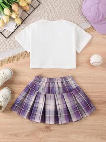 2pcs/Set Young Girl Outdoor Casual Everyday Comfortable Short Sleeve T-Shirt + Skirt Set, Spring/Summer English Letter Tee + Purple Plaid Skirt