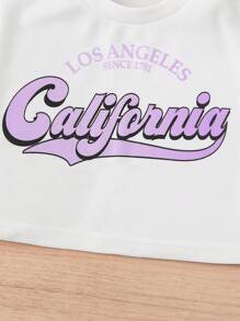 2pcs/Set Young Girl Outdoor Casual Everyday Comfortable Short Sleeve T-Shirt + Skirt Set, Spring/Summer English Letter Tee + Purple Plaid Skirt