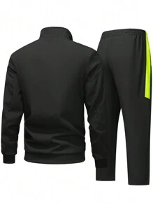 Men's Zippered Pocket Patchwork Stand Collar Leisure Sports Letter Print Casual Pants, Versatile For Daily Wear