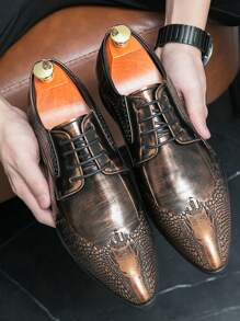 Men's Pointed Toe Leather Dress Shoes, Fashionable Design - Brown - View 1