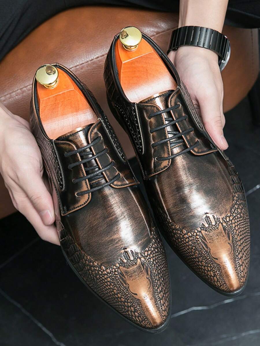 Men's Pointed Toe Leather Dress Shoes, Fashionable Design - Brown - View 1