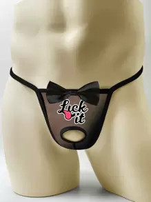 Hombres tangas elásticas cómodas y transpirables de malla negra con gráficos de letras y emoticonos y decoración metálica redonda
