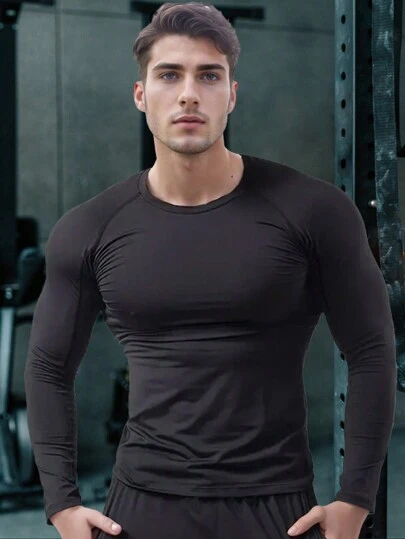 Tättsittande långärmad baströja för män, snabbtorkande och andas, lämplig för utomhussporter, gymmuskelträning, löpning, fitness, cykling, bollsporter