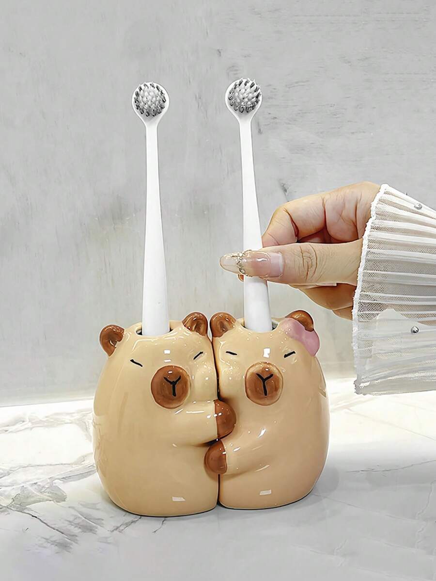 1pc INS Style Cute Capybara Ceramic Toothbrush Holder, Couples Toothbrush Stand, Bathroom Vanity Toothbrush Organizer, Lovely Electric Toothbrush Holder Base, Holiday Gift For Boyfriend And Girlfriend