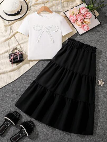 2pcs/Set Girls Bow Decor Short Sleeve T-Shirt And Maxi Skirt Outfit, Summer