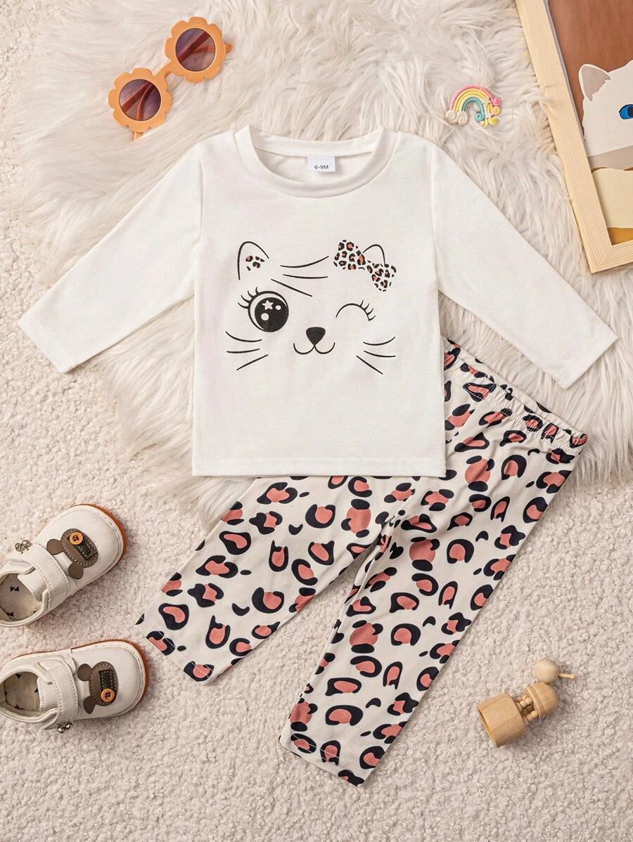 2 件套女婴休闲卡通豹纹长袖上衣和裤子，春秋 - 白色 - 查看 1
