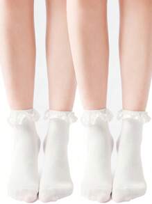 2pairs White Ruffle Hem Socks, Cute And Stylish, Suitable For Spring And Autumn - White - View 10