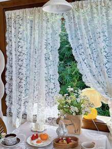 1pc French Style Vintage Cream Embroidered Tulle Curtain With Ruffle Edge, Elegant Lace Room Divider For Dining Room, Living Room, Bedroom, European - Beige - View 7