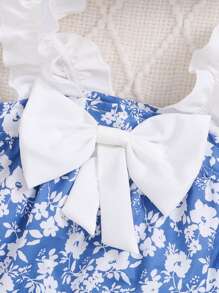 2pcs/Set Baby Girl Blue Floral Allover Print White Lace Sling Romper & Hat Set, Spring/Summer