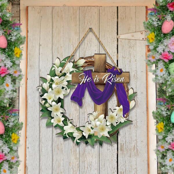 1 placa de decoração de parede de Páscoa de 11,02 x 10,23 polegadas, design de guirlanda em forma de cruz "Ele ressuscitou", perfeita para casa, jardim, decoração de varanda, presente de inauguração, fácil instalação, sem necessidade de eletricidade
