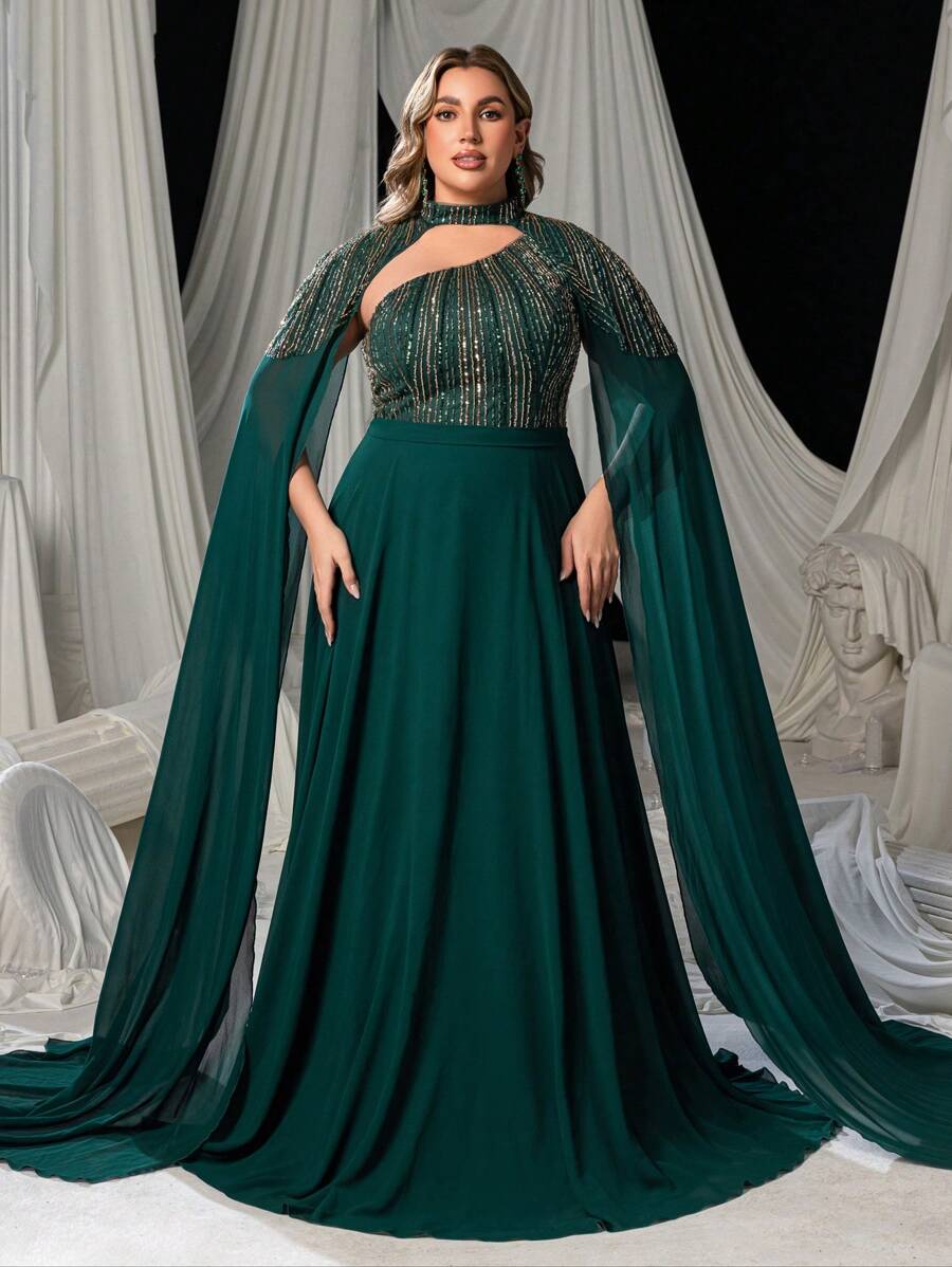 Faeriesty Elegantes formelles Chiffon-Kleid in Große Größen mit Perlen- und Paillettenverzierung, Stehkragen, Capeärmeln und kontrastierenden Details