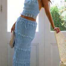Women Summer Outfit Shirred Tie-Up Halter Neck Sleeveless Open Black Tank Tops Drawstring Long Skirt 2 Pcs Set - 藍色 - 查看 7