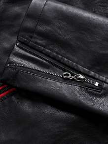 Motorcycle Style Men's Stand Collar Zipper Jacket, High-Quality PU Leather Material, Versatile Fashion Jacket For Spring And Autumn,Fleece,Winter - Black - View 8