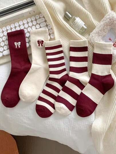 5 Paar neue Angola Rote Socken, atmungsaktiv feuchtigkeitsableitend Crew Socken, unisex, geeignet für Weihnachten, Herbst