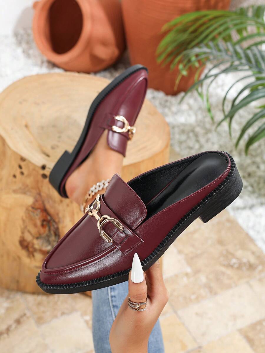 Fashion Versatile Burgundy Loafers Flat Heel Slip-On Mules Pointed Toe Shoes, New Spring/Summer Metal Buckle Pointed Toe Small Leather Shoes, Outdoor Comfortable Backless Slippers, Plus Size Women Shoes - Burgundy - View 1