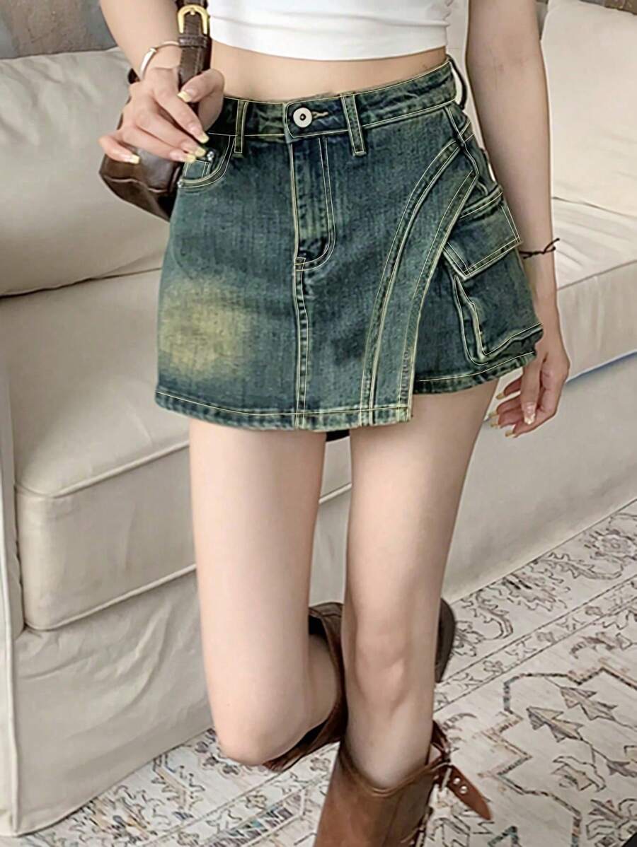 女士实用口袋不对称下摆休闲牛仔半身裙 - 淺色水洗藍 - 查看 1