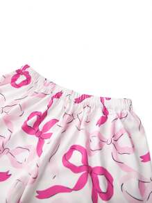 Conjunto de verano para mujer, con mangas 3/4, solapa, botones, camisa con estampado de lazo/corazón, pantalones cortos, ropa de dormir - Rosa - Ver 8