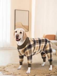 1pc Medium Large Dog Puppy Plush Cozy Classic Checks Warm Pajamas Elastic Winter Apperal Clothing For Labrador Rottweiler Beagle - Khaki - View 16