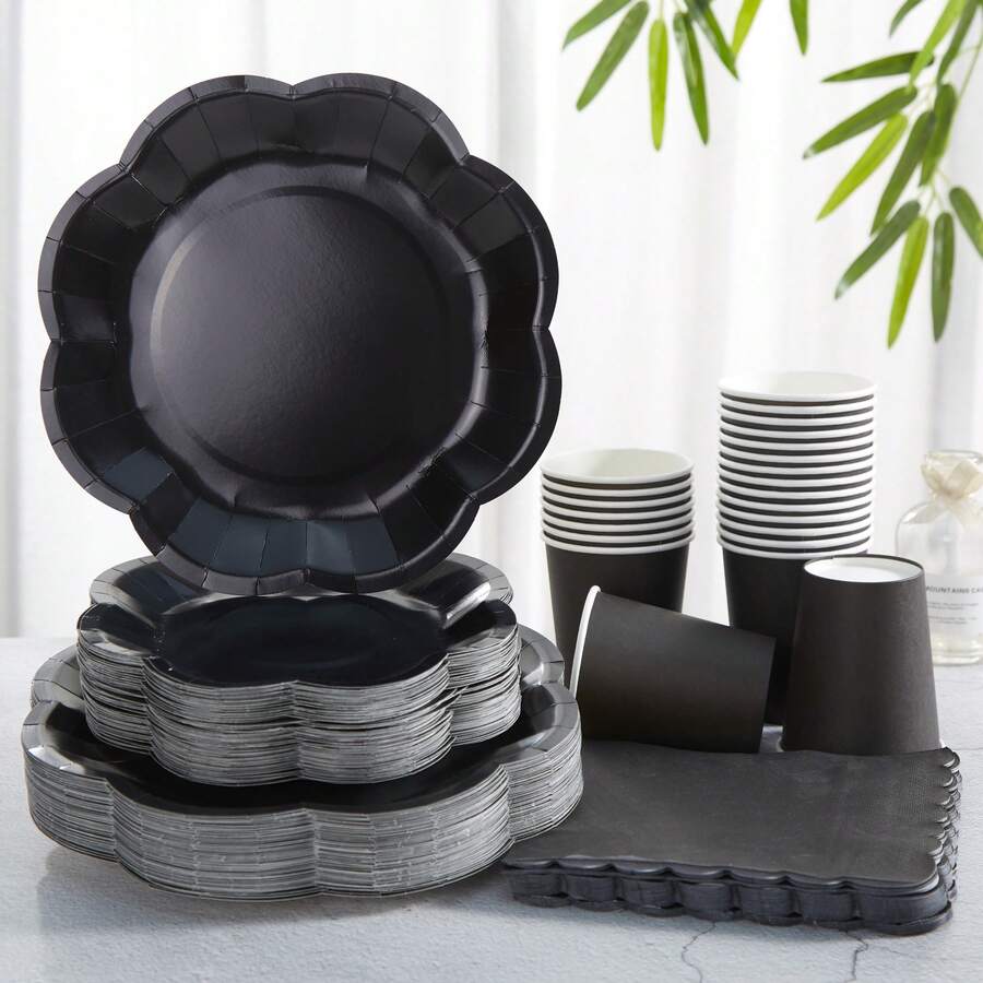 24 件黑色八角花瓣一次性纸盘和餐巾套装，派对用品适合生日、婚礼、派对、野餐