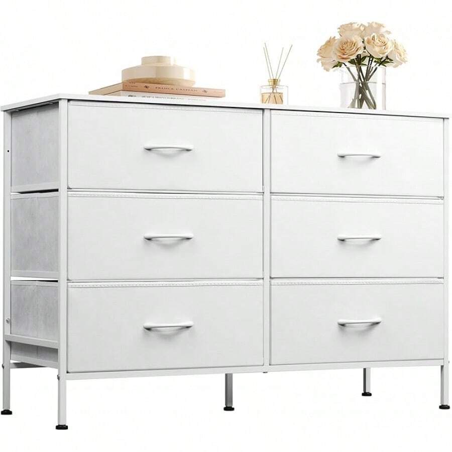 Wide Dresser With 6 Drawers, TV Stand For  Inches TV, Entertainment Center With Metal Frame, Wooden Top, Fabric Storage Dresser For Bedroom, Hallway, Entryway, Black And Rustic Brown - 白色 - 查看 1