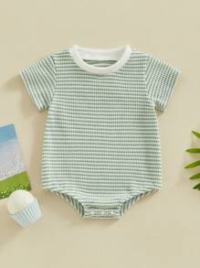 Newborn Baby Boy Girl Waffle Romper Short Sleeve Solid Striped Crewneck Bubble Oversized Bodysuit Infant Summer Outfit - 綠色 - 查看 2