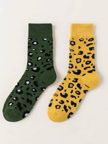 2 双豹纹图案女士时尚个性化中筒袜，适合日常使用