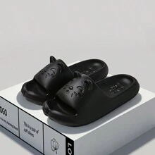 Chanclas con estampado de gato de dibujos animados con suela gruesa antideslizante para mujeres, color negro, para uso en interiores/exteriores, sandalias de playa - Negro - Ver 1