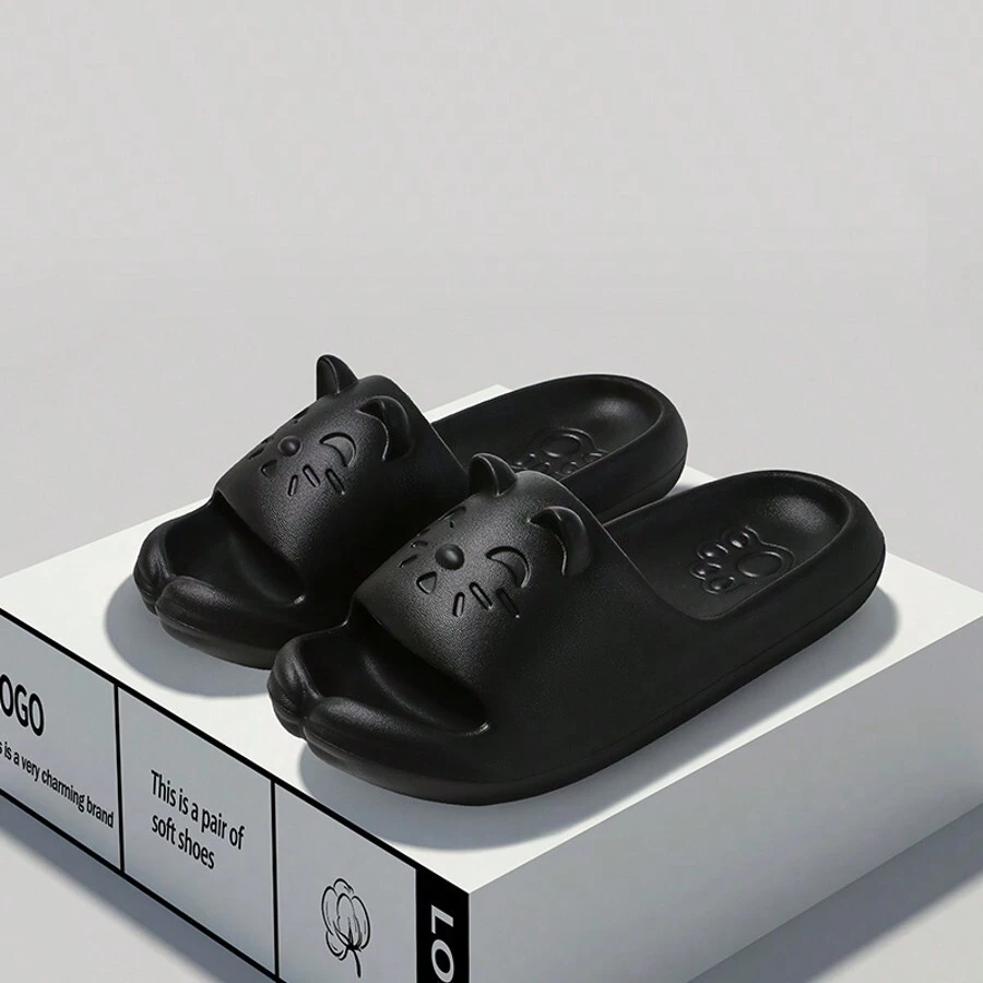 Chanclas con estampado de gato de dibujos animados con suela gruesa antideslizante para mujeres, color negro, para uso en interiores/exteriores, sandalias de playa - Negro - Ver 1