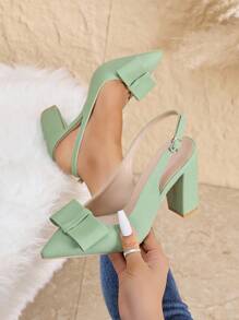 秋冬季浅绿色尖头高跟鞋，踝带设计；春夏粗跟鞋；女士蝴蝶扣凉鞋；优雅派对鞋 - 綠色 - 查看 3