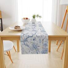 Blauer Skizzen Vogel & Blumen Sommer Tischläufer, Vintage Blau Pfau Blumen Esszimmer Tisch Dekoration, saisonale moderne Küche Esszimmer Tisch Dekoration für Zuhause & Party - Blau - Übersicht 2