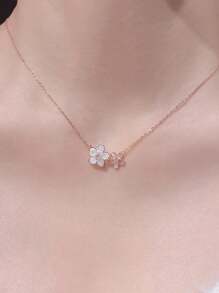 1pc Stainless Steel Sweet White Mother Of Faux Pearl & Cherry Blossom Pendant Necklace For Women