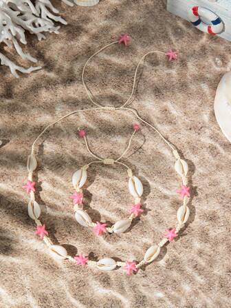 2 件套波西米亚海度假风格贝壳项链和手链套装，金色和粉色贝壳手工打结，适合节日或派对佩戴