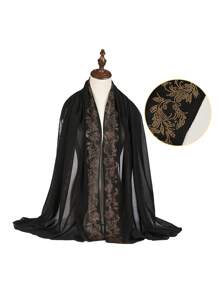 1pc Women's Black Rhinestone Embellished Chiffon Scarf/Neck Wrap, Multifunctional