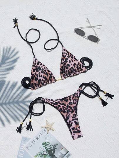 Women's Halter Leopard Print Tie-Up Sexy Backless High-End Bikini 2-Piece Swimsuit Set, 2025 New Arrival