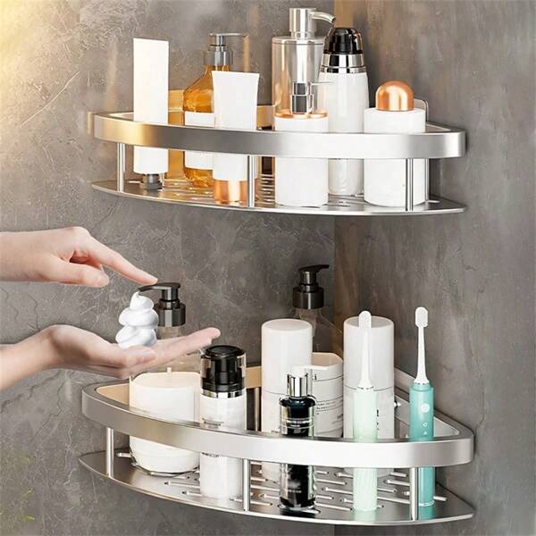 1 pieza Estantería triangular multifuncional para baño y cocina, estantería de almacenamiento de esquina montada en la pared para el baño, organizador de suministros de baño, estantería de almacenamiento de cosméticos, estantería de almacenamiento de esquina para la cocina sin necesidad de taladrar, de vuelta al colegio
