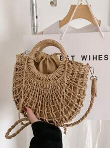 1 件女士半圆形编织抽绳斜挎包，时尚假日手提包适合旅行和日常购物