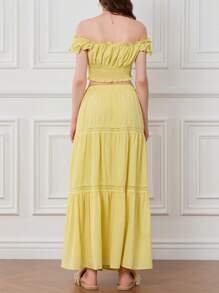 Womens Two Piece Summer Outfits Off Shoulder Frill Trim Crop Tops And Long Skirt Set Beachwear