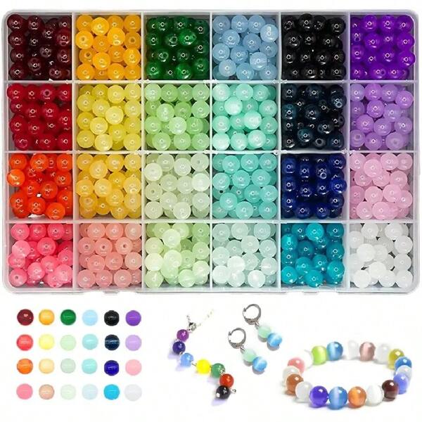 1 Set mit 24 Farben, 480 Stücke Glasperlen-Set, 8mm Armbandherstellungsset, für erwachsene Mädchen zum Handwerk von Schmuckstücken