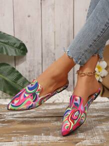 2025 Autumn Women's Pointed Toe Mule Shoes, Suede Trim Loafers In Pink Stripe, Elegant & Versatile Backless Slip-On Flats - Hot Pink - View 3