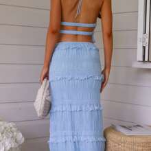 Women Summer Outfit Shirred Tie-Up Halter Neck Sleeveless Open Black Tank Tops Drawstring Long Skirt 2 Pcs Set - 藍色 - 查看 5