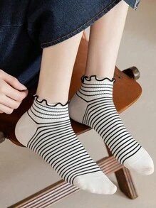 6 Pairs Women Autumn/Winter New Lace Trim Short Socks, Princess Style Low-Cut Socks, Stripes, Cherry, Solid Colors, Ruffle Edge Short Socks
