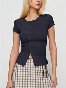 Women T-Shirt, Crew Neck Short Sleeve Button Closure Solid Summer Tops For Casual Daily - Deep Sky Blue - View 4