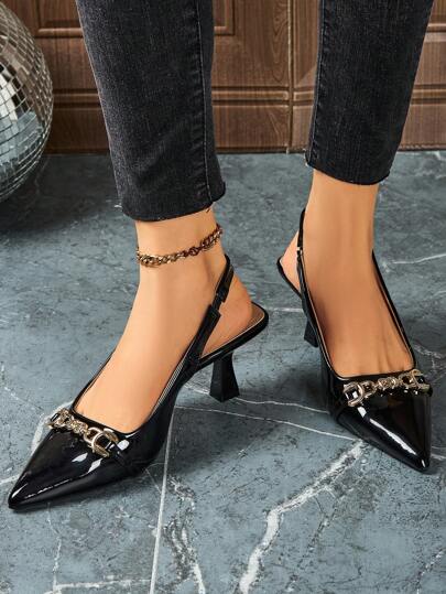 Women's Pointed Toe High Heel Mules, Black Patent Leather, Metal Decor, Ankle Strap, Stiletto Heel, Elegant Lady Party Sandals