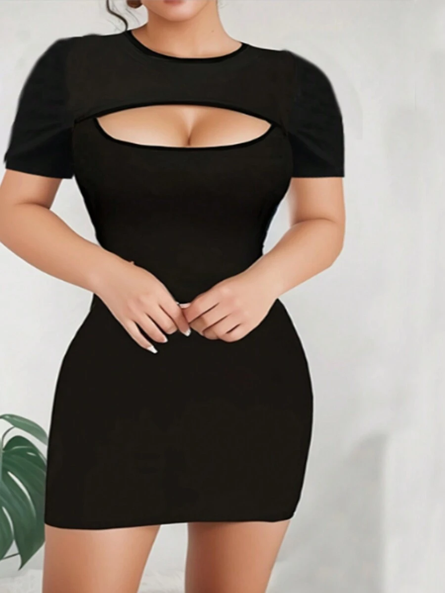 性感纯色镂空修身短袖连衣裙，夏季 - 黑色 - 查看 1