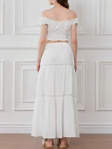 Womens Two Piece Summer Outfits Off Shoulder Frill Trim Crop Tops And Long Skirt Set Beachwear