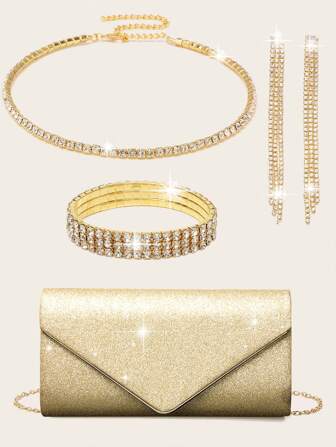 LETODE Juego de 4 piezas de joyería con cristales, incluye collar, aretes, pulsera. Elegante bolso de sobre con solapa en forma de V, brillante y con purpurina, para eventos de noche. Bolso de mano brillante con cadena desmontable para bodas, fiestas y bailes. Cartera de mujer con brillo para fiestas y eventos